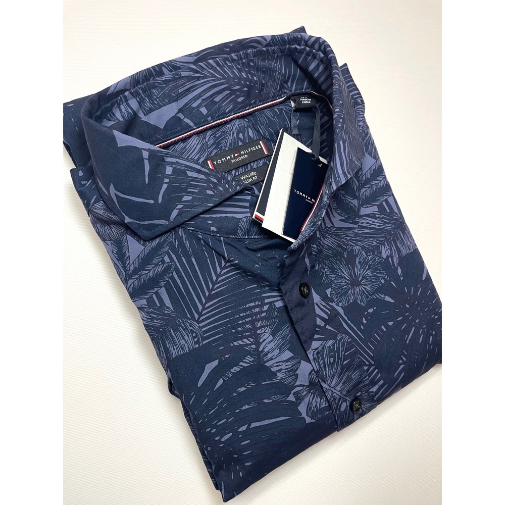 Tommy Hilfiger Tailored Mens Slim Fit Navy Blue Tropical Button Down Shirt